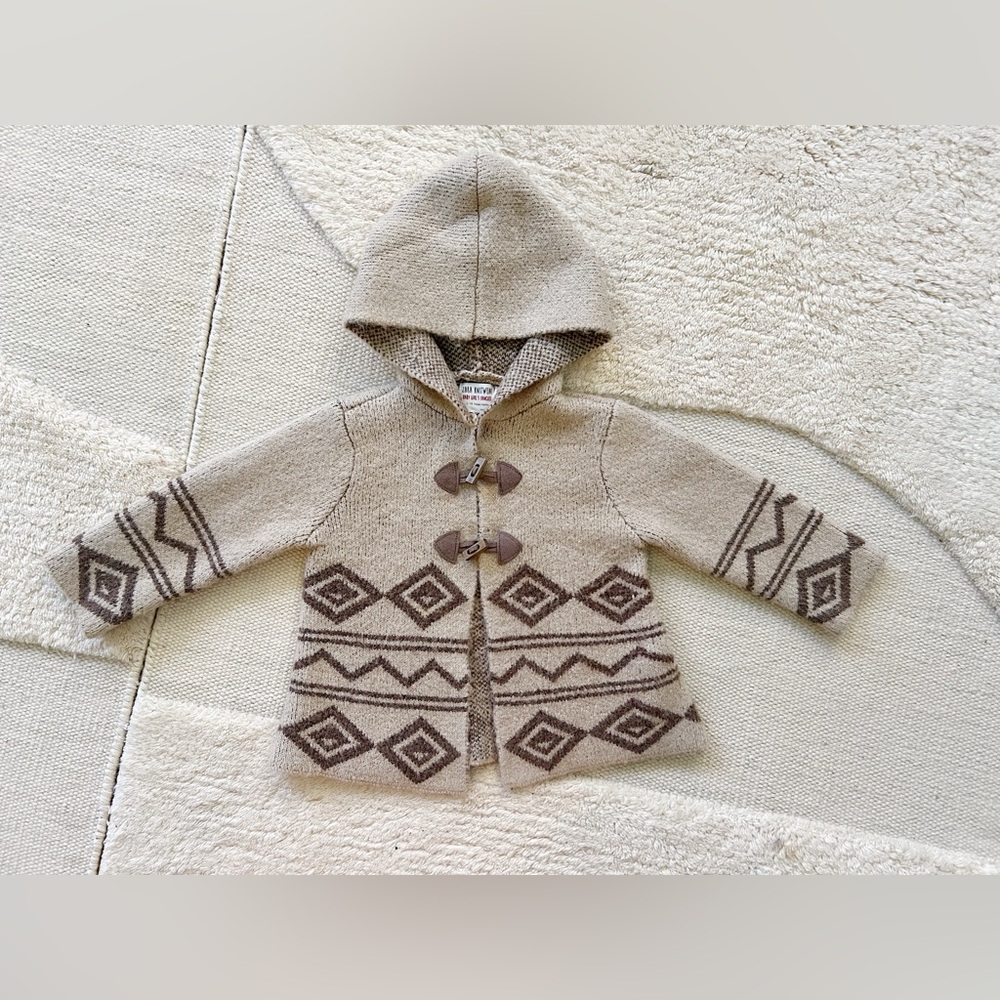 Zara Tribal Folk Print Wool Sweater Cardigan Hooded Brown Taupe Beige Tan 18m 2T